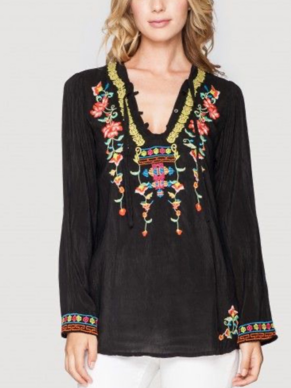 Johnny Was Suko V-Neck Embroidered Blouse - Small